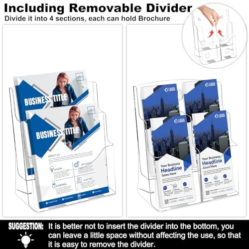 2 Pack Acrylic Brochure Holder 8.5 x 11 in, 2-Tier Brochure Display Stand with Removable Divider for 4 x 9 in Trifold Pamphlets, Clear Flyer Holder for Wall Mount or Countertop