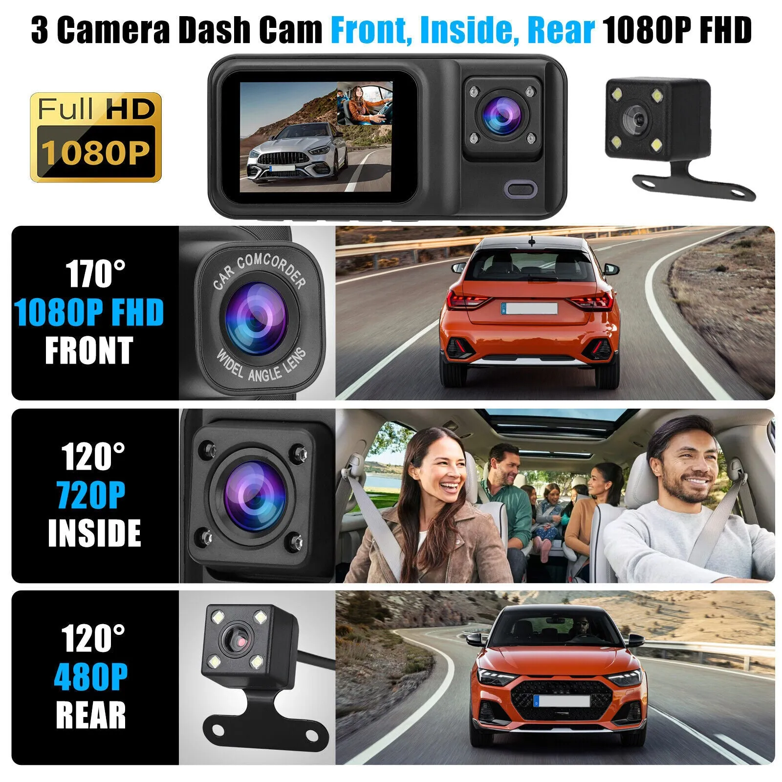 3 Channel Dash Cam 1080P Front 720P Cab 480P Rear Triple Dash