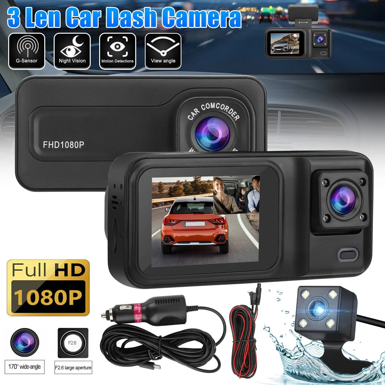 3 Channel Dash Cam 1080P Front 720P Cab 480P Rear Triple Dash