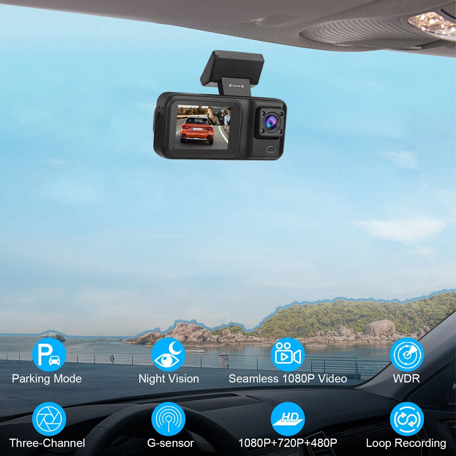 3 Channel Dash Cam 1080P Front 720P Cab 480P Rear Triple Dash