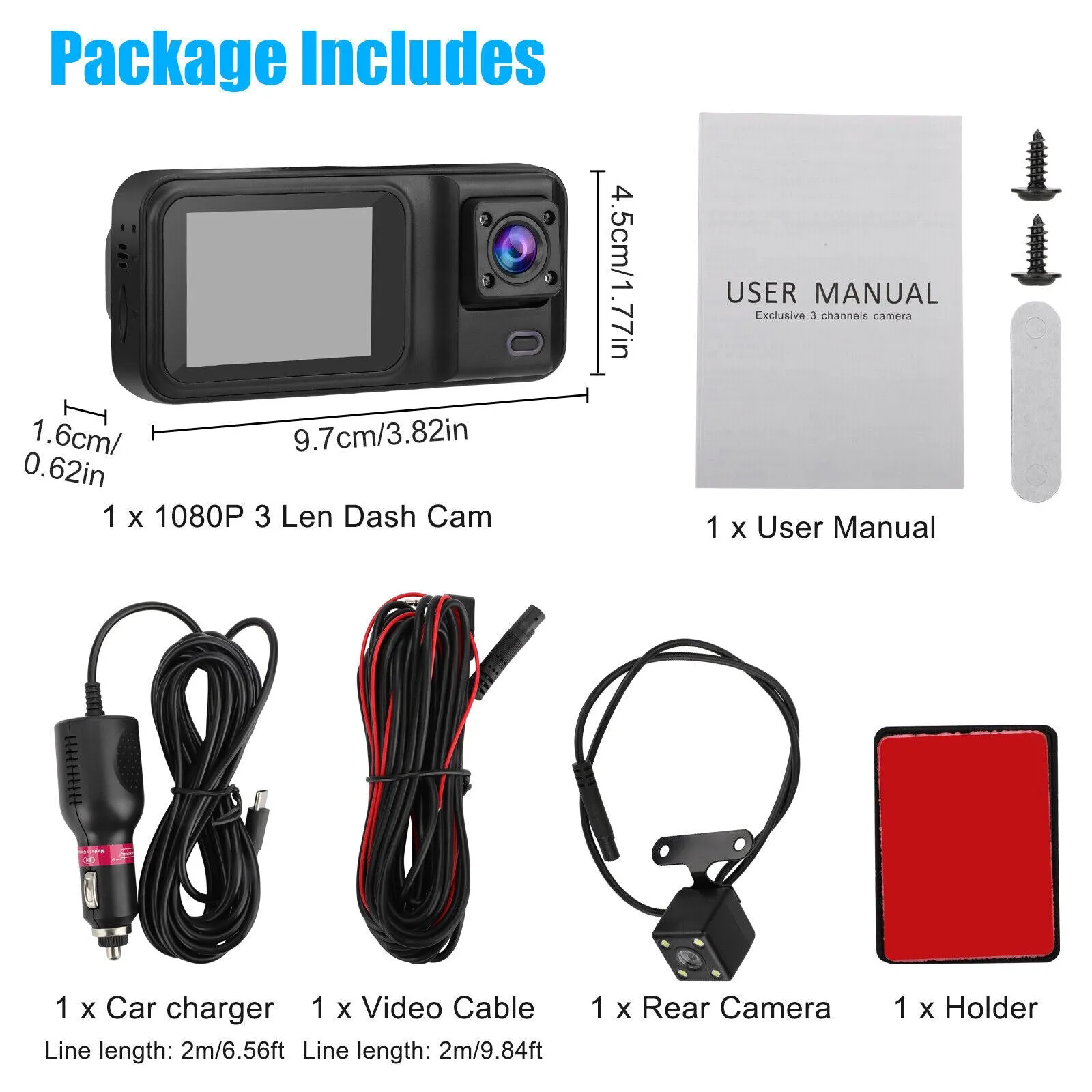 3 Channel Dash Cam 1080P Front 720P Cab 480P Rear Triple Dash