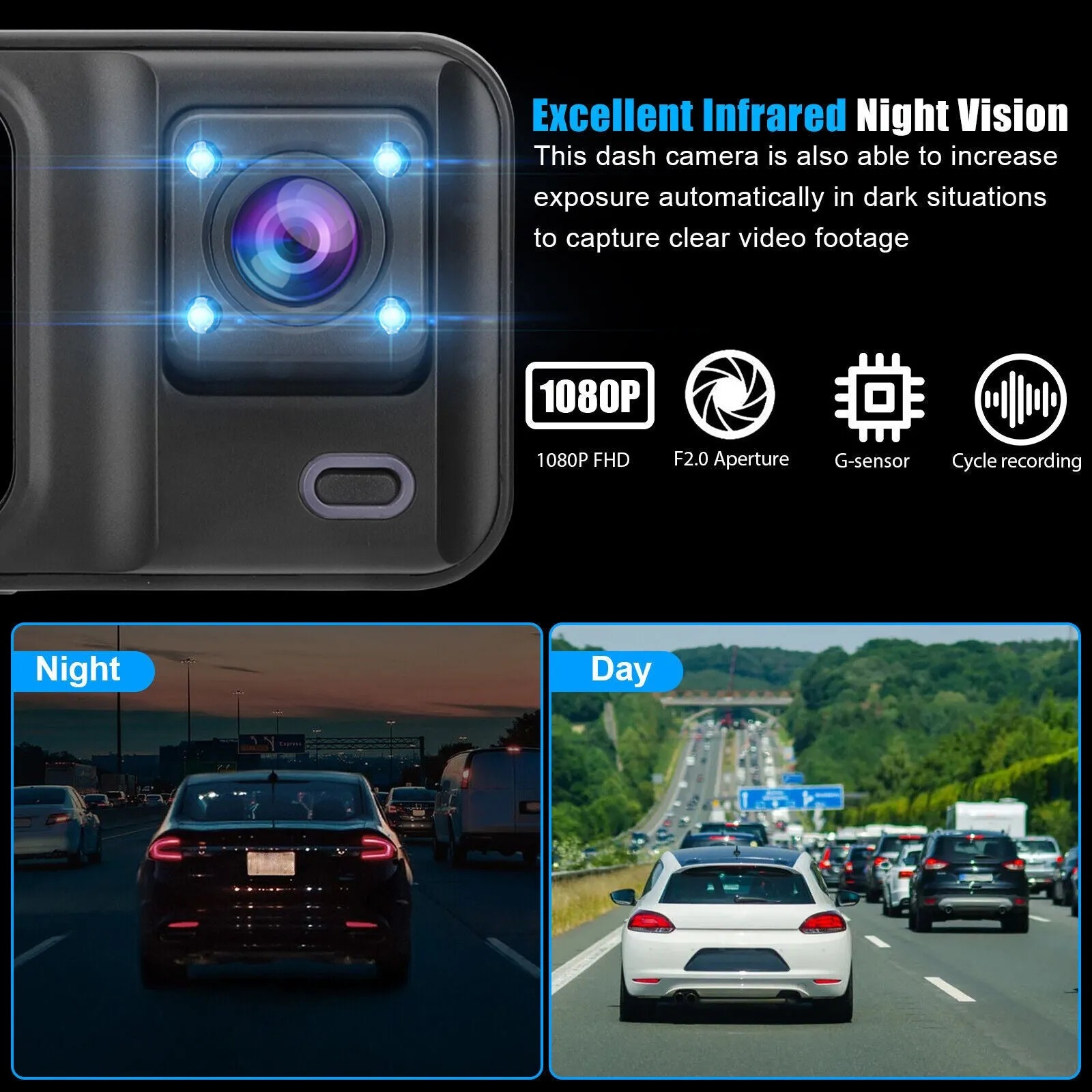 3 Channel Dash Cam 1080P Front 720P Cab 480P Rear Triple Dash