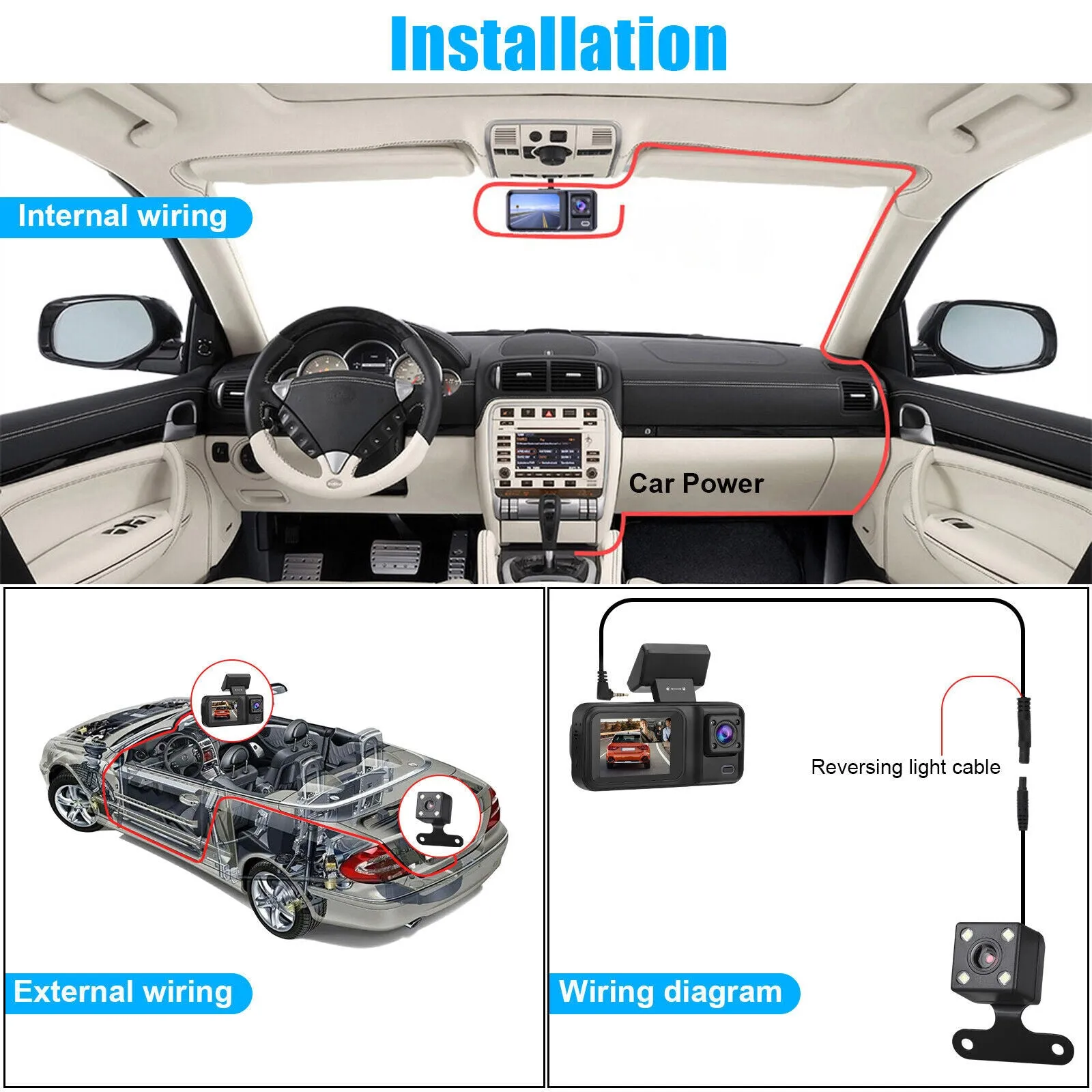 3 Channel Dash Cam 1080P Front 720P Cab 480P Rear Triple Dash