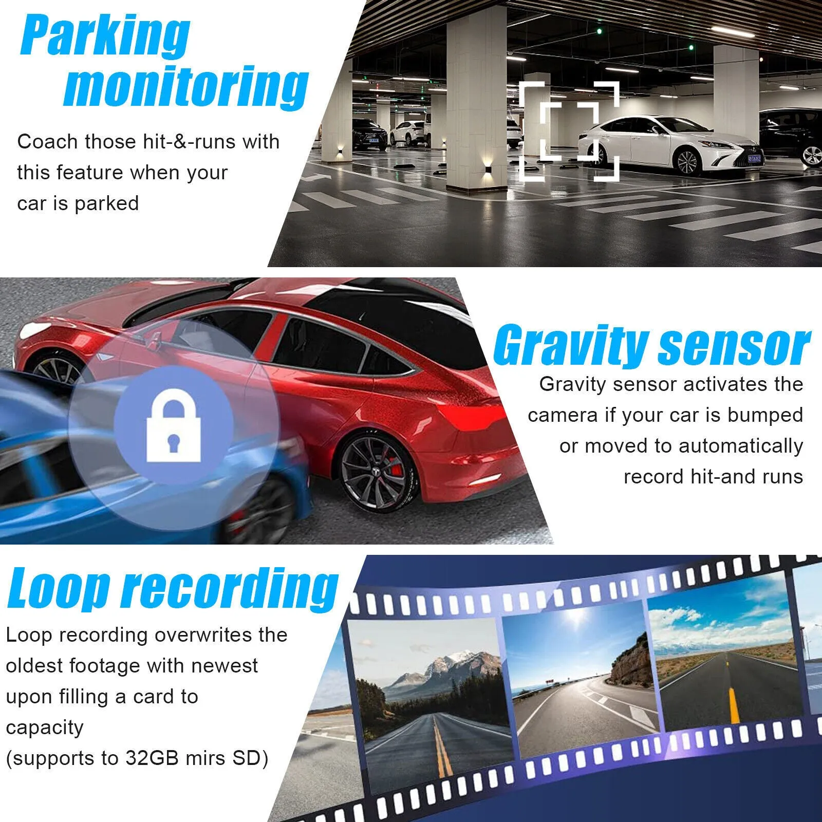 3 Channel Dash Cam 1080P Front 720P Cab 480P Rear Triple Dash