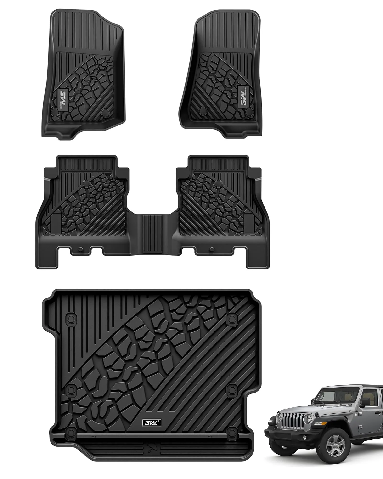 3W Jeep Wrangler JL (Non JK or 4XE) 2018-2023 Custom Floor Mats / Trunk Mat TPE Material & All-Weather Protection