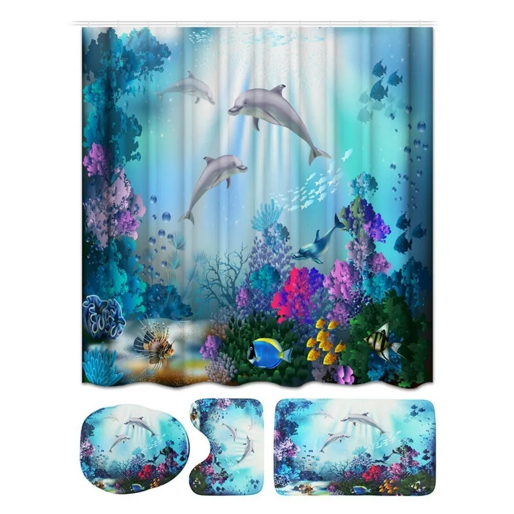 4/3/1 Pcs Sea Style Dolphin Waterproof Shower Curtain Set Toilet Cover Mat Bathroom Non-Slip Mat Pedestal Rug Kit