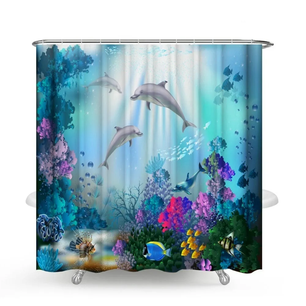 4/3/1 Pcs Sea Style Dolphin Waterproof Shower Curtain Set Toilet Cover Mat Bathroom Non-Slip Mat Pedestal Rug Kit