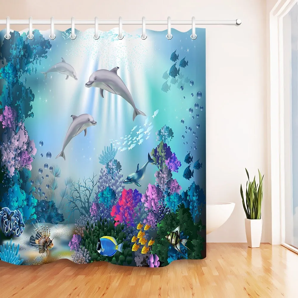 4/3/1 Pcs Sea Style Dolphin Waterproof Shower Curtain Set Toilet Cover Mat Bathroom Non-Slip Mat Pedestal Rug Kit