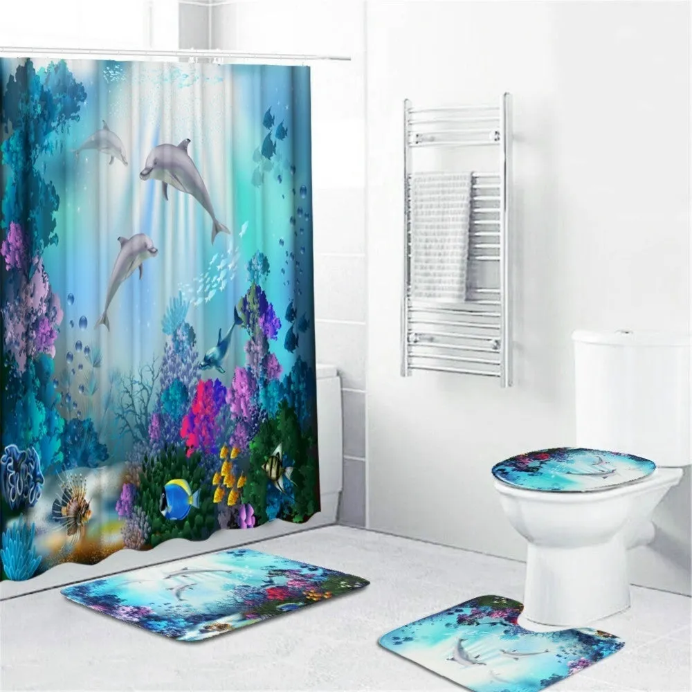 4/3/1 Pcs Sea Style Dolphin Waterproof Shower Curtain Set Toilet Cover Mat Bathroom Non-Slip Mat Pedestal Rug Kit