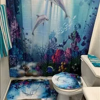 4/3/1 Pcs Sea Style Dolphin Waterproof Shower Curtain Set Toilet Cover Mat Bathroom Non-Slip Mat Pedestal Rug Kit