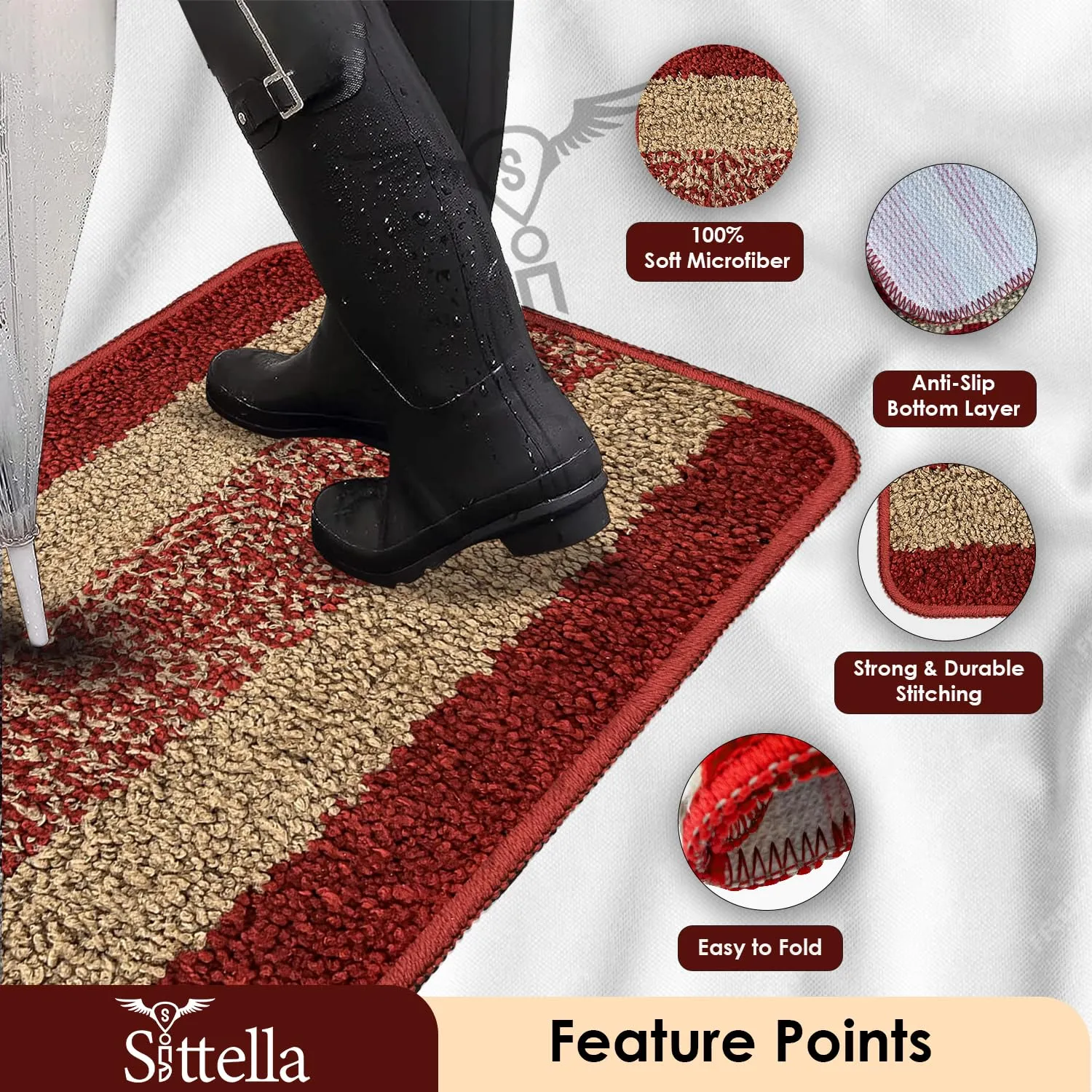 Anti-Skid Microfiber Bathroom Door Mat, Water Absorbent Floor mat (50X35cm) (Red)