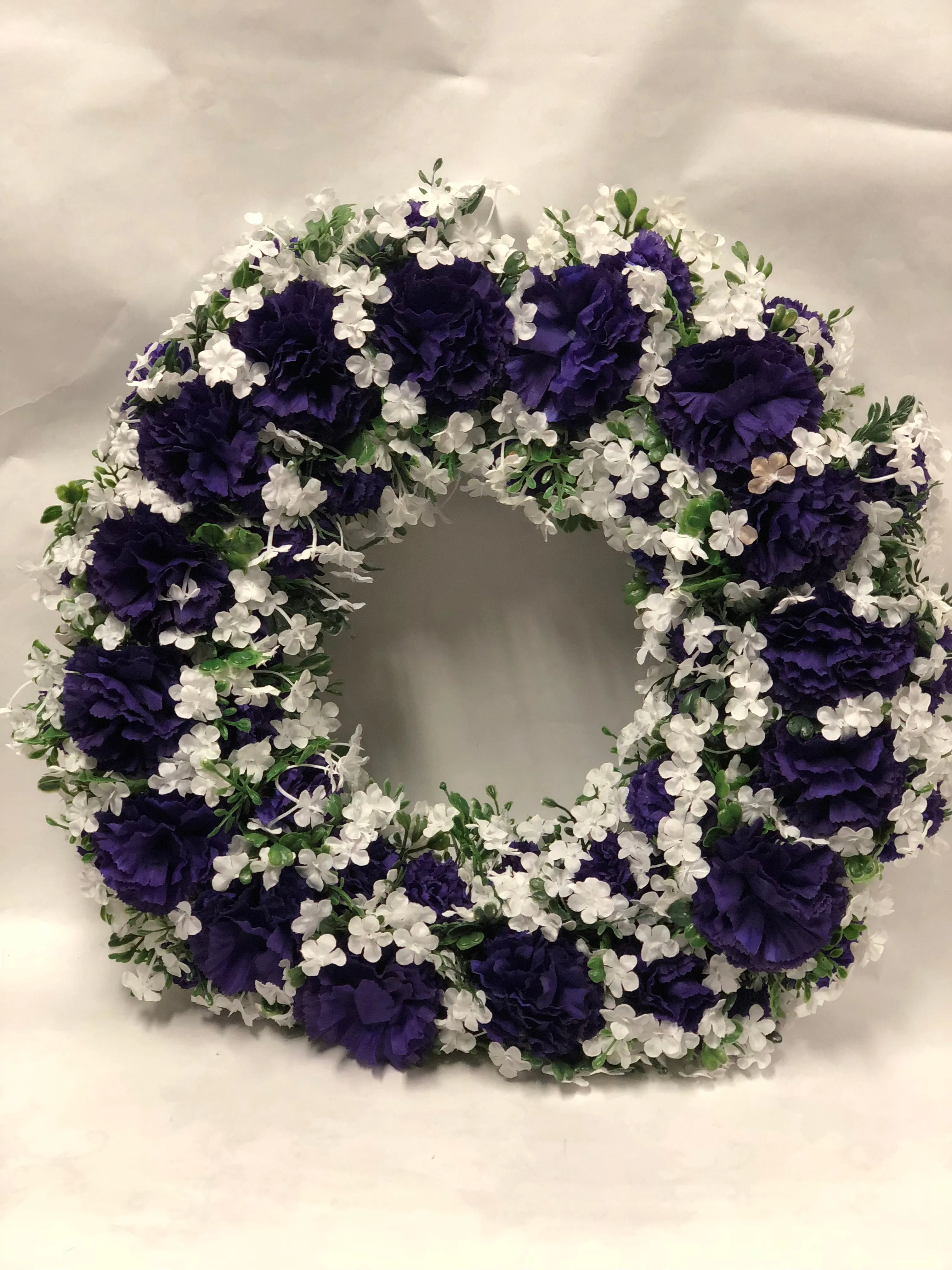 Artificial Memorial / Cemetery Wreath -Dark Purple and White