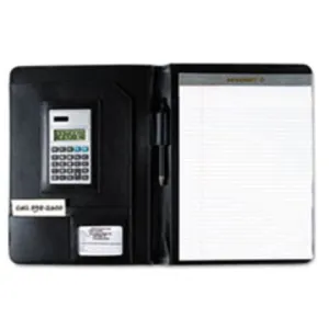 BLACK LEATHER LOOK PORTFOLIO, SOLAR CALCULATOR-WRITING PAD-PEN (5 PER PACK)