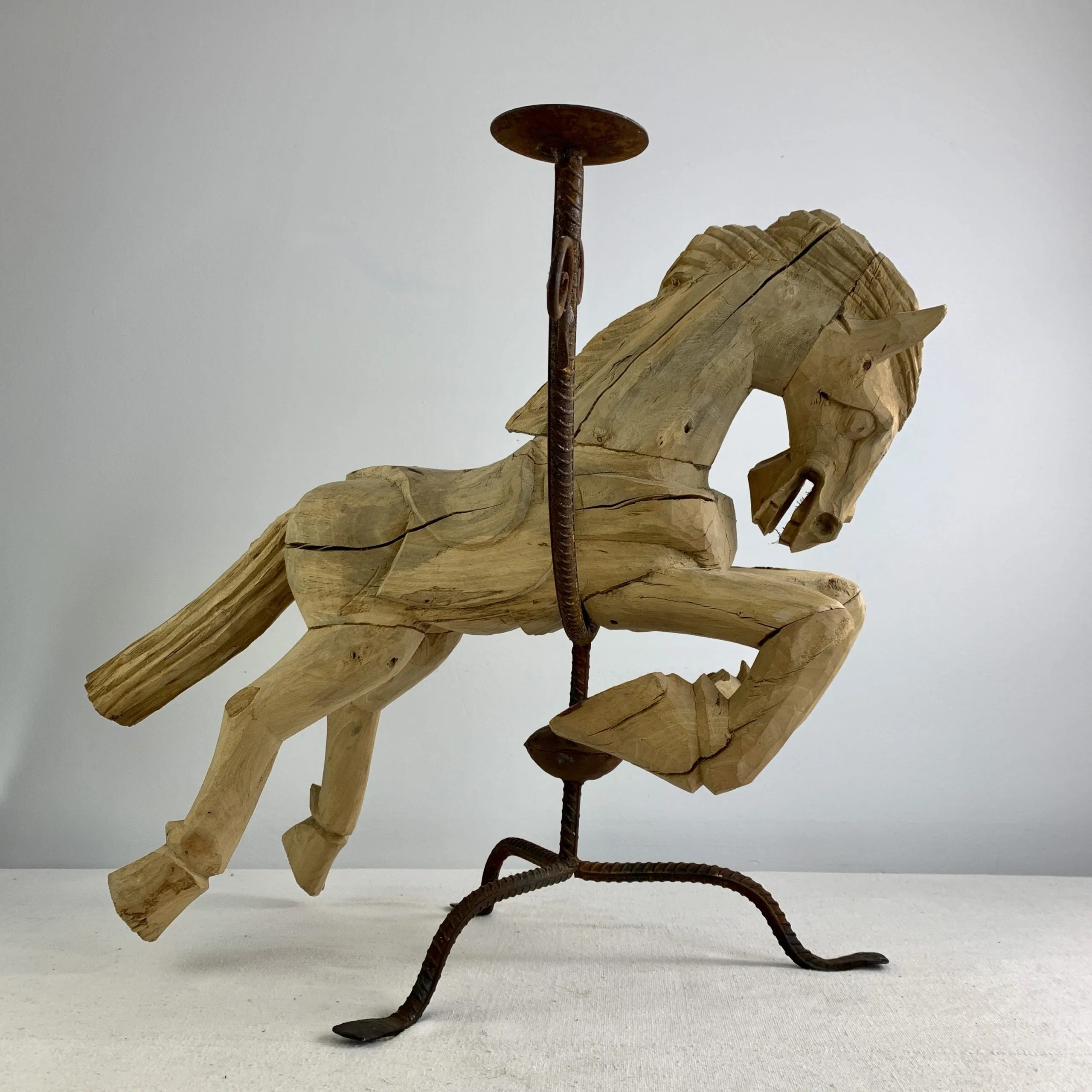 Handcarved Wooden Leaping Horse Candle Holder, Iron Base
