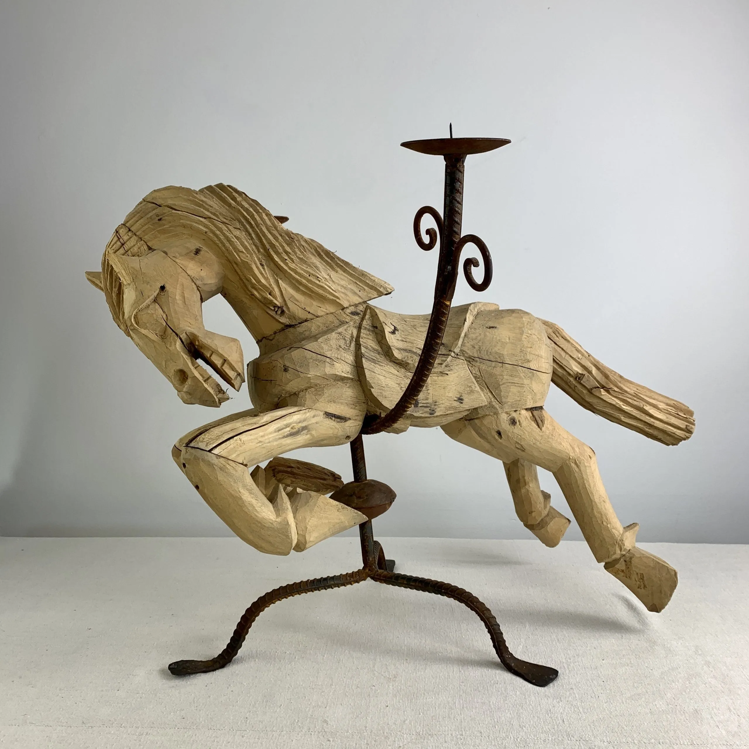Handcarved Wooden Leaping Horse Candle Holder, Iron Base