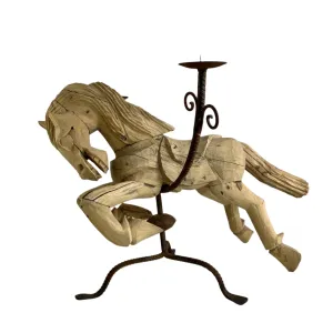 Handcarved Wooden Leaping Horse Candle Holder, Iron Base