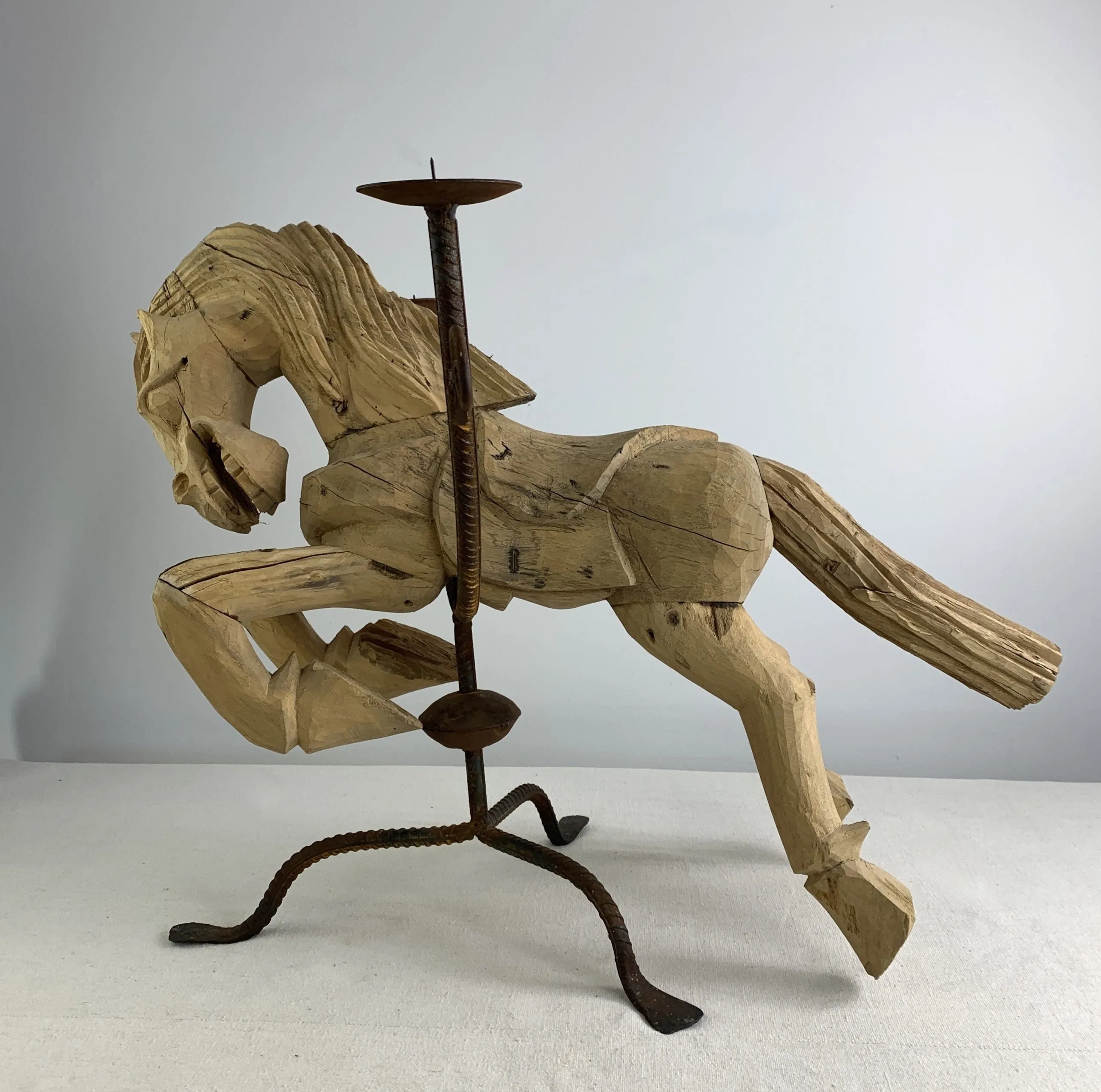 Handcarved Wooden Leaping Horse Candle Holder, Iron Base
