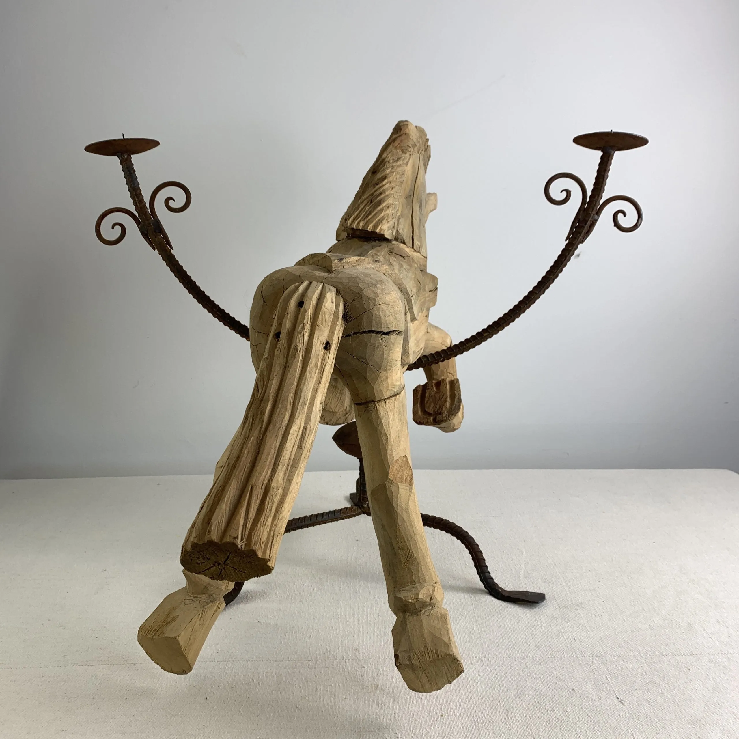 Handcarved Wooden Leaping Horse Candle Holder, Iron Base