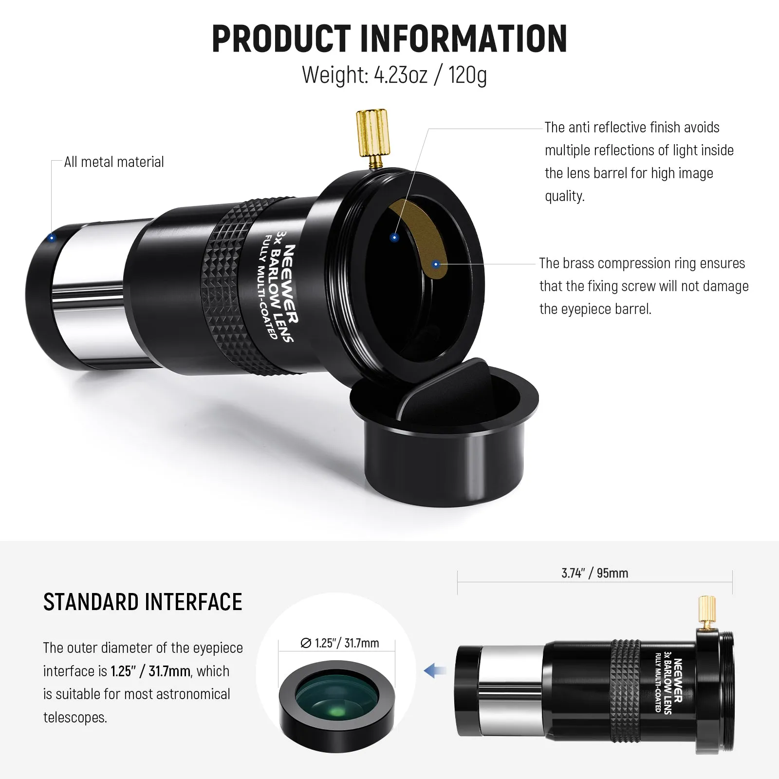 NEEWER LS-T11 3X Barlow Len for 1.25" Telescope Eyepiece