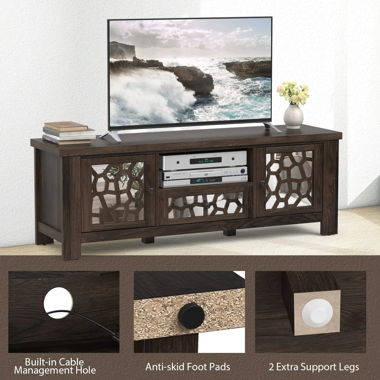 Tangkula TV Stand for 60 Inch TVs, Retro Entertainment Center, TV Console Cabinet w/Open Shelf & Drawer & Cable Hole