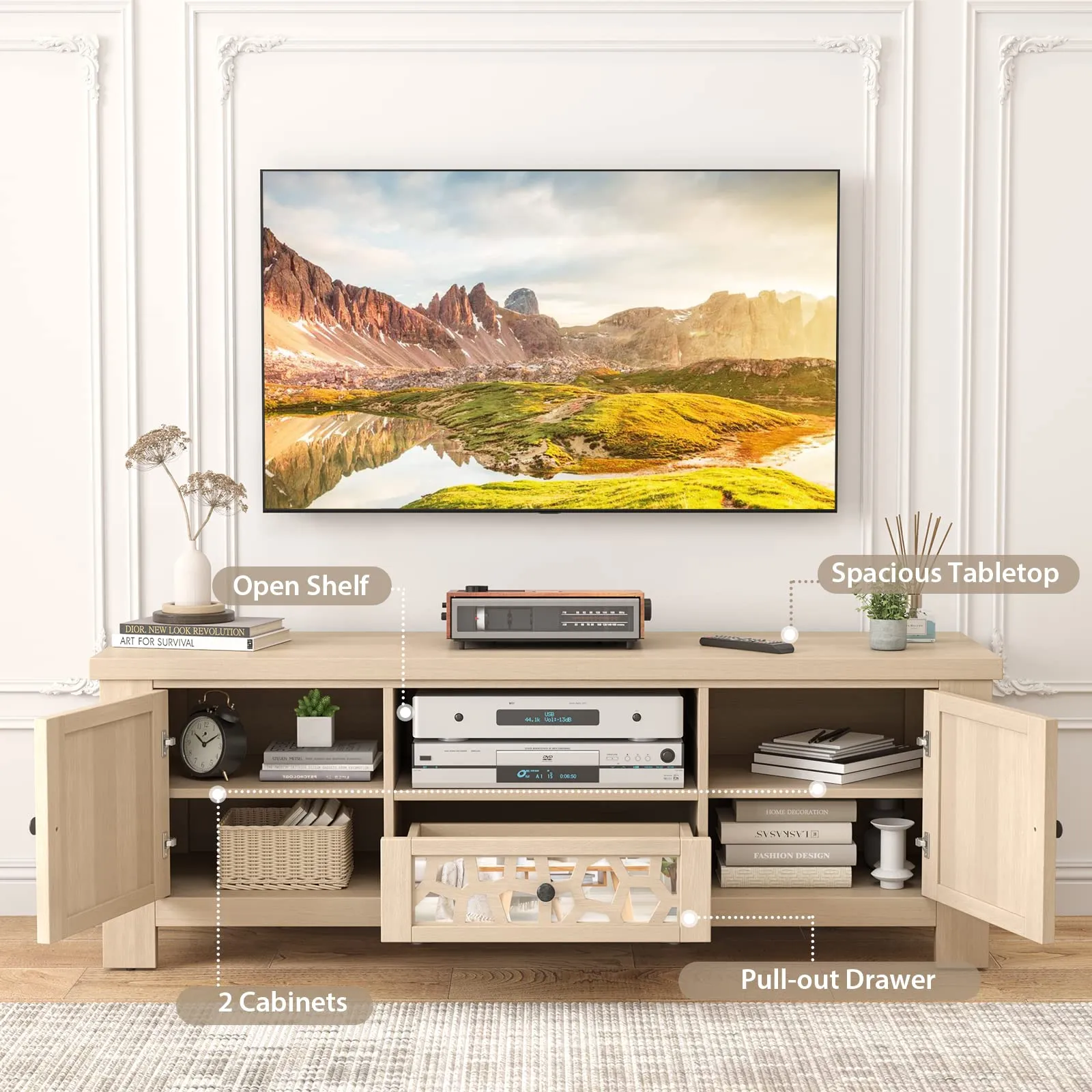 Tangkula TV Stand for 60 Inch TVs, Retro Entertainment Center, TV Console Cabinet w/Open Shelf & Drawer & Cable Hole