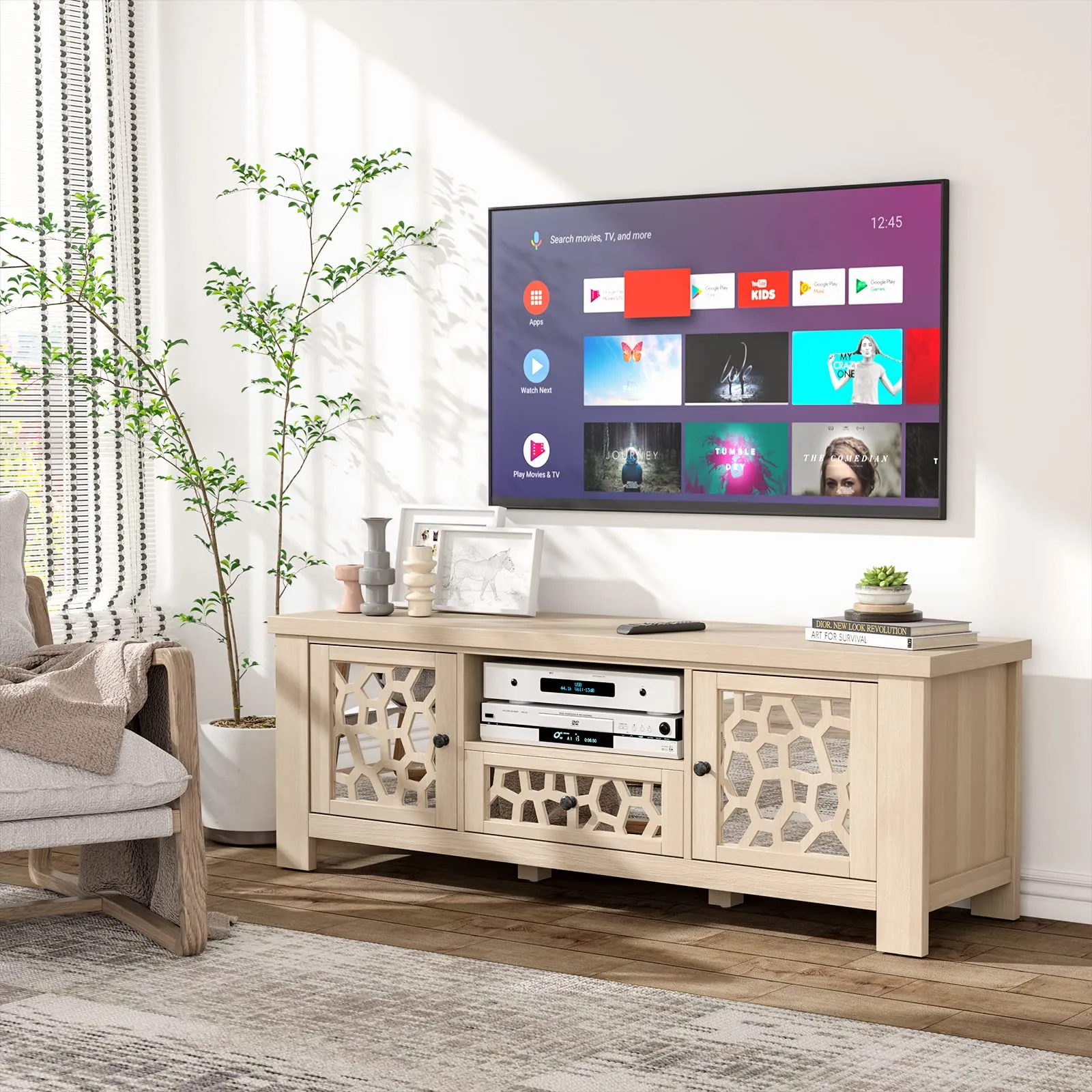 Tangkula TV Stand for 60 Inch TVs, Retro Entertainment Center, TV Console Cabinet w/Open Shelf & Drawer & Cable Hole