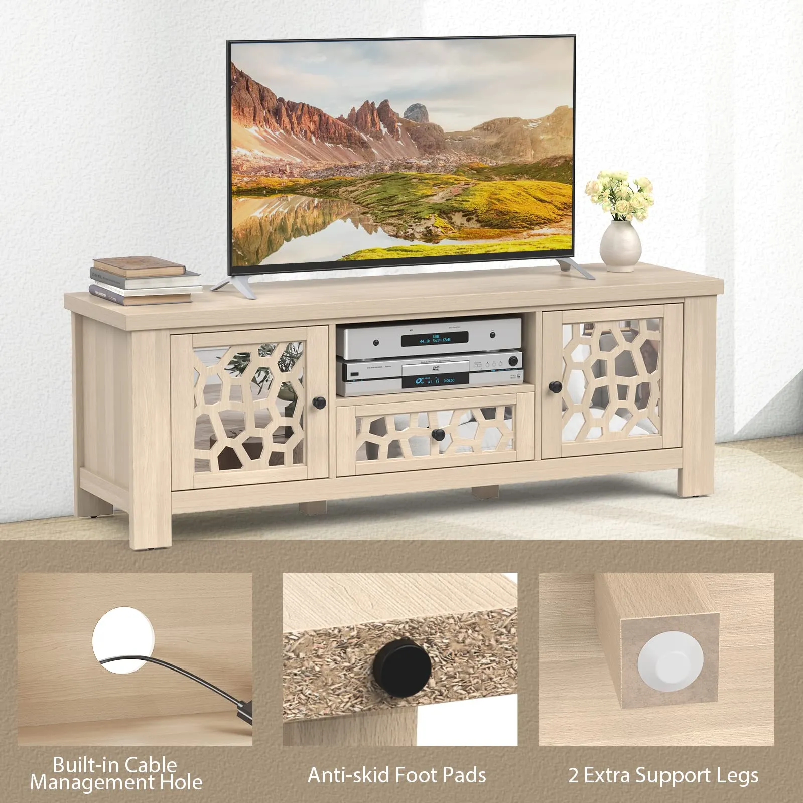 Tangkula TV Stand for 60 Inch TVs, Retro Entertainment Center, TV Console Cabinet w/Open Shelf & Drawer & Cable Hole