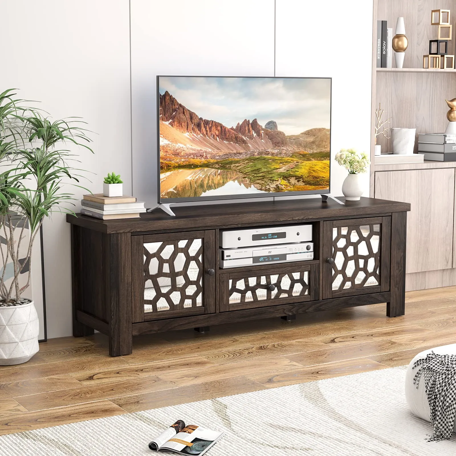 Tangkula TV Stand for 60 Inch TVs, Retro Entertainment Center, TV Console Cabinet w/Open Shelf & Drawer & Cable Hole