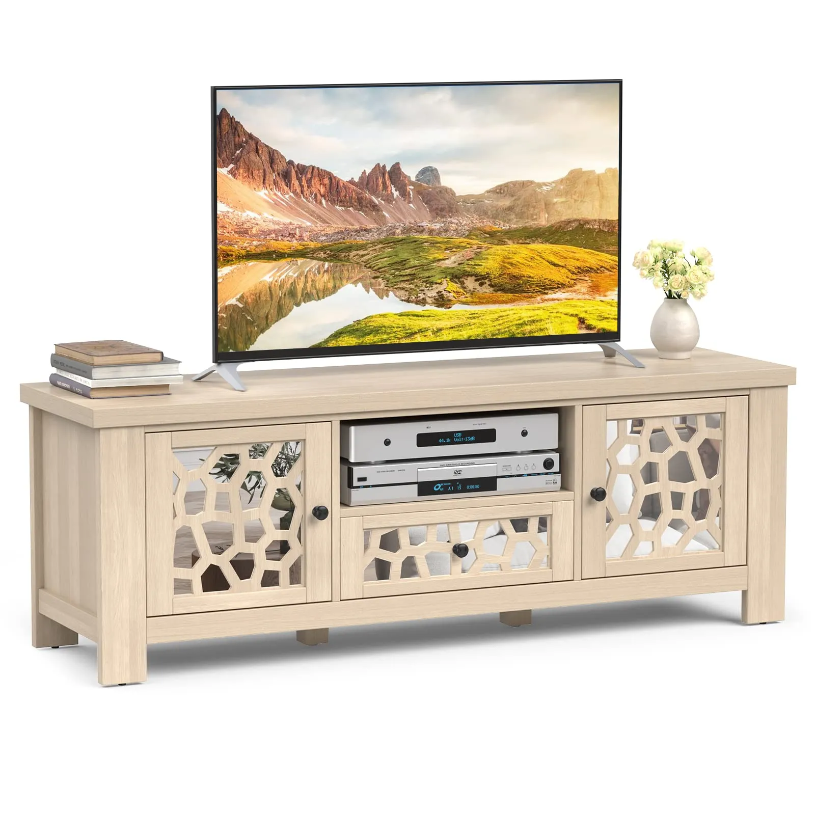 Tangkula TV Stand for 60 Inch TVs, Retro Entertainment Center, TV Console Cabinet w/Open Shelf & Drawer & Cable Hole