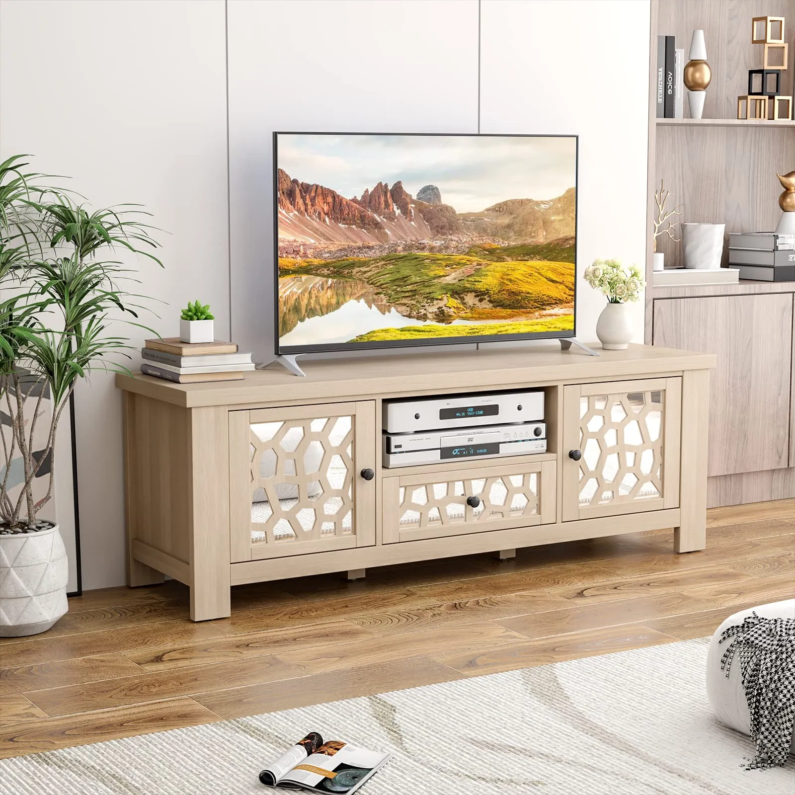 Tangkula TV Stand for 60 Inch TVs, Retro Entertainment Center, TV Console Cabinet w/Open Shelf & Drawer & Cable Hole