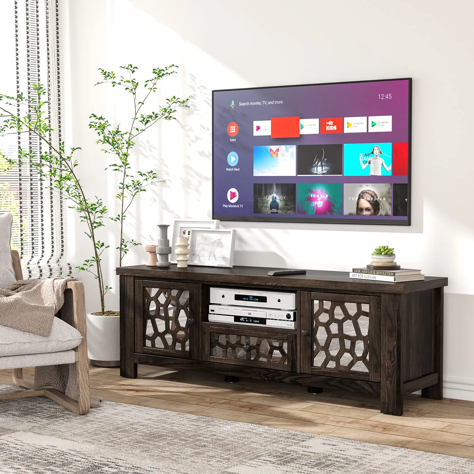 Tangkula TV Stand for 60 Inch TVs, Retro Entertainment Center, TV Console Cabinet w/Open Shelf & Drawer & Cable Hole