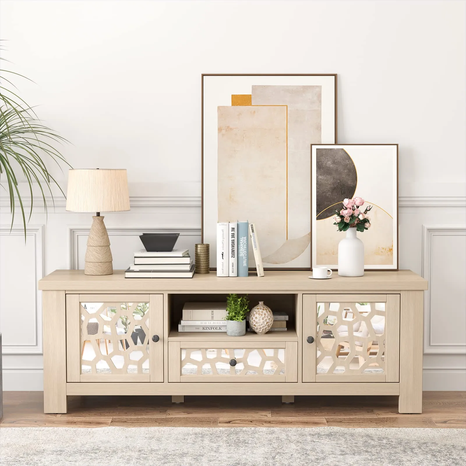 Tangkula TV Stand for 60 Inch TVs, Retro Entertainment Center, TV Console Cabinet w/Open Shelf & Drawer & Cable Hole