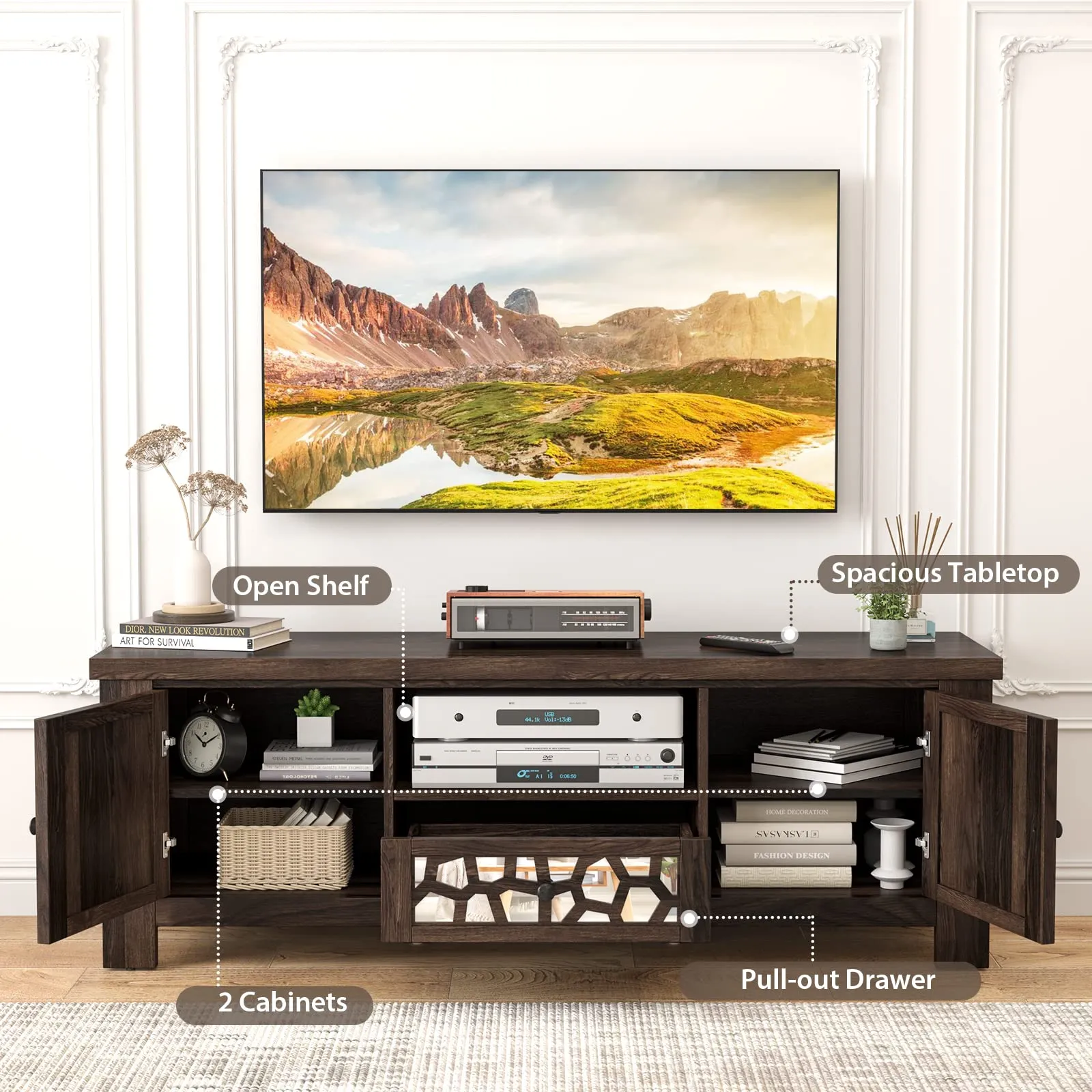 Tangkula TV Stand for 60 Inch TVs, Retro Entertainment Center, TV Console Cabinet w/Open Shelf & Drawer & Cable Hole