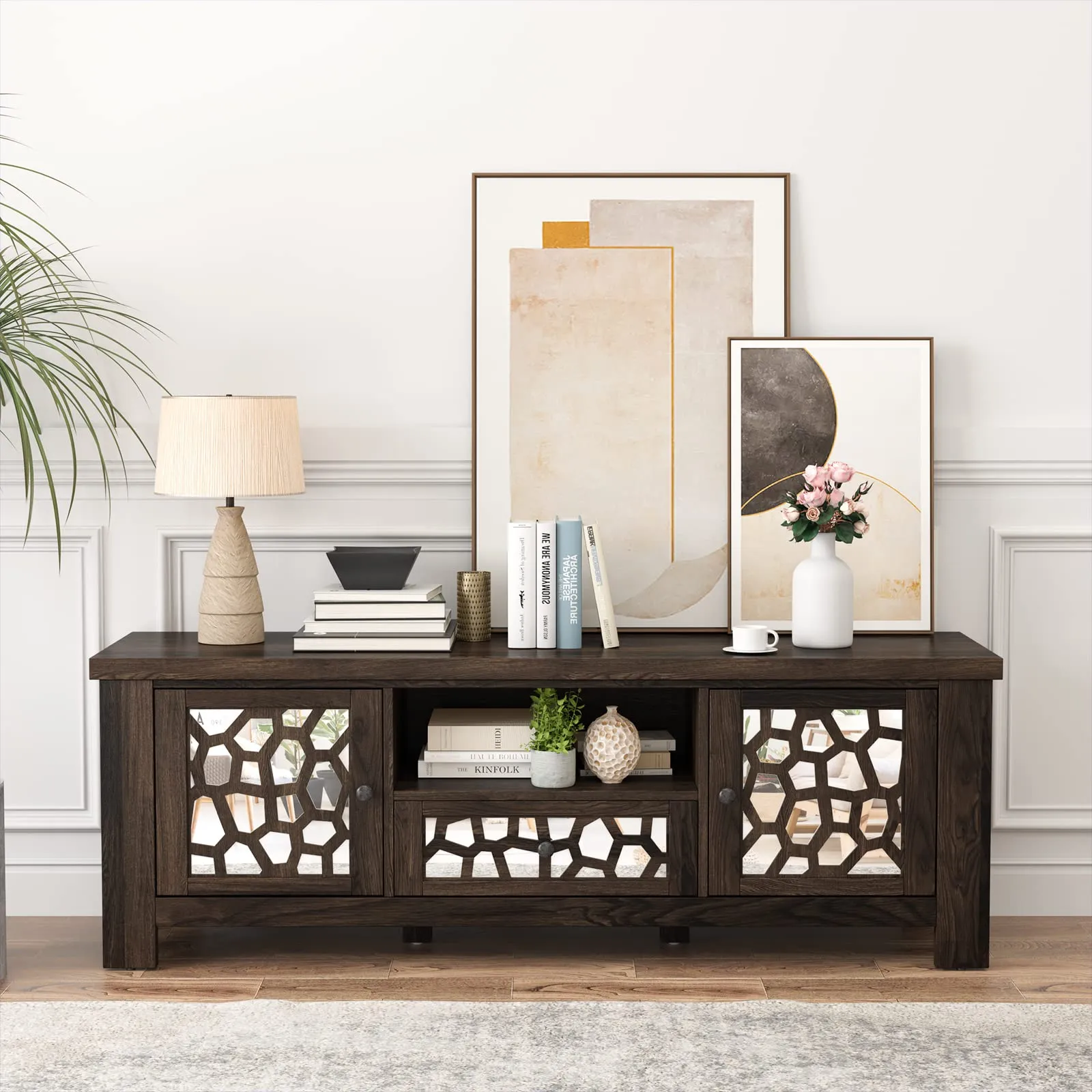 Tangkula TV Stand for 60 Inch TVs, Retro Entertainment Center, TV Console Cabinet w/Open Shelf & Drawer & Cable Hole