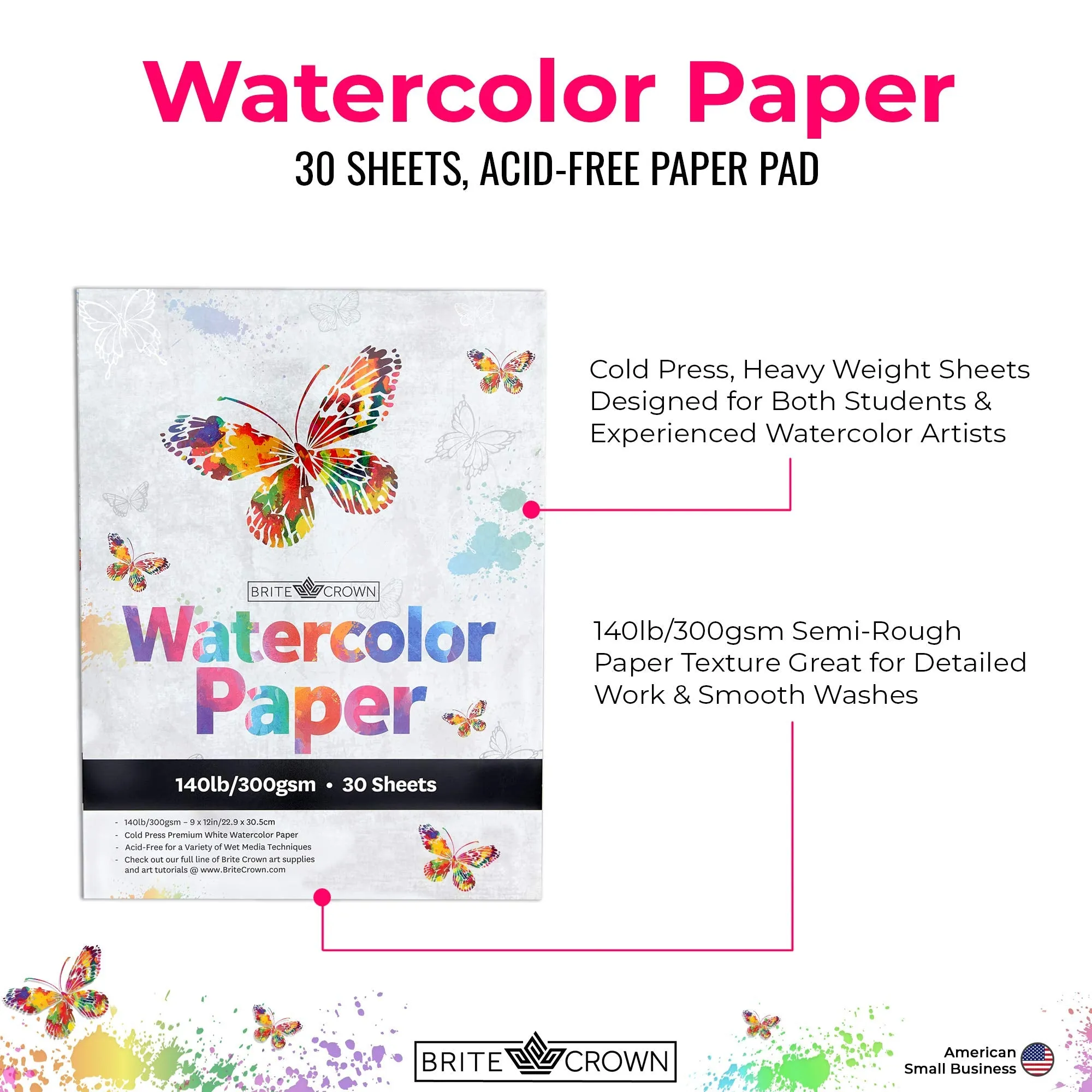 Watercolor Paper Pad - 140lb/300gsm - Bright White 30 Sheets (9x12) Cold Press