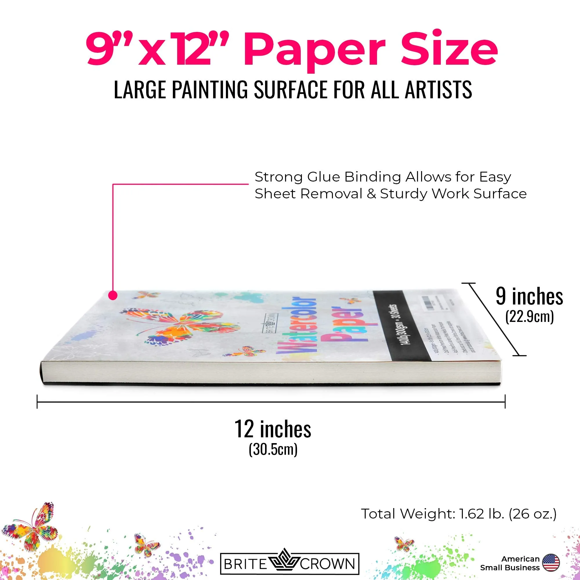 Watercolor Paper Pad - 140lb/300gsm - Bright White 30 Sheets (9x12) Cold Press